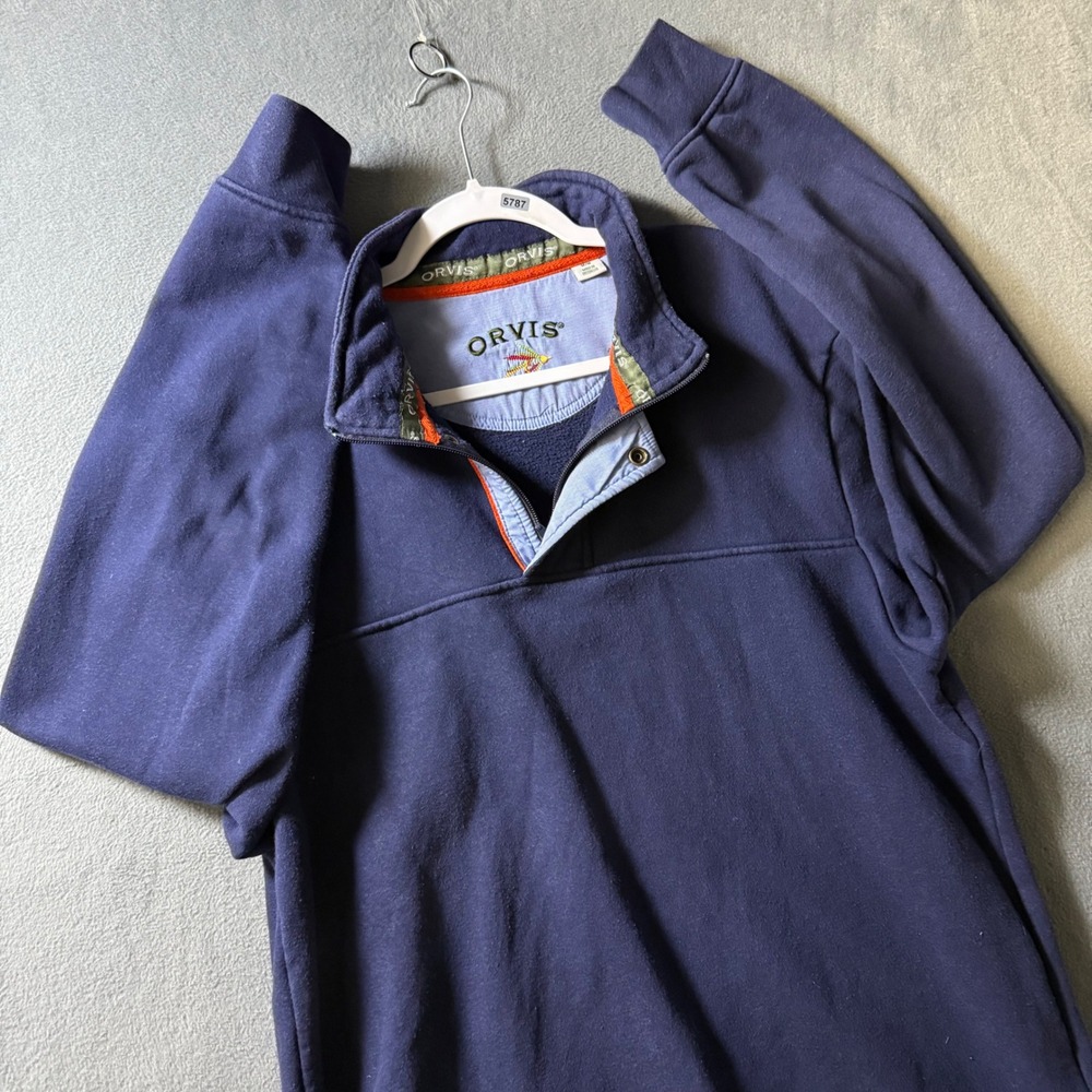 Orvis Mens Navy Blue Fleece Quarter Zip Snap Mock Neck Pullover Sweatshirt